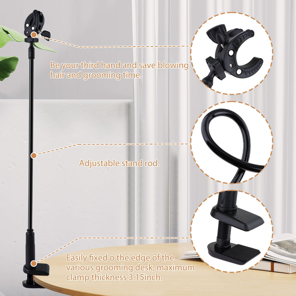 Dynwave grooming table clamp securely attaches to edge for a stable setup.