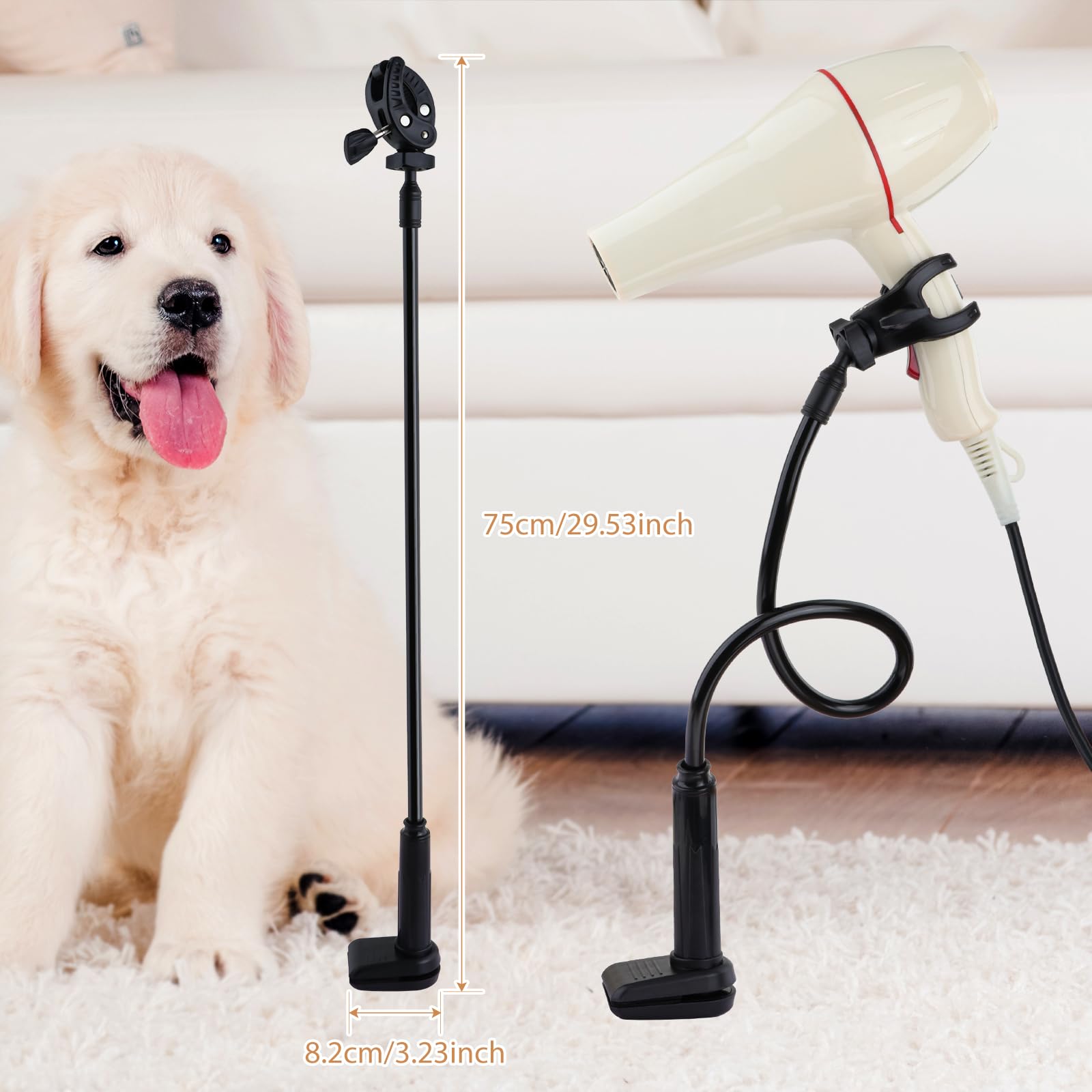 Dynwave pet dryer stand with hose tube holder keeps cords tidy during grooming.
