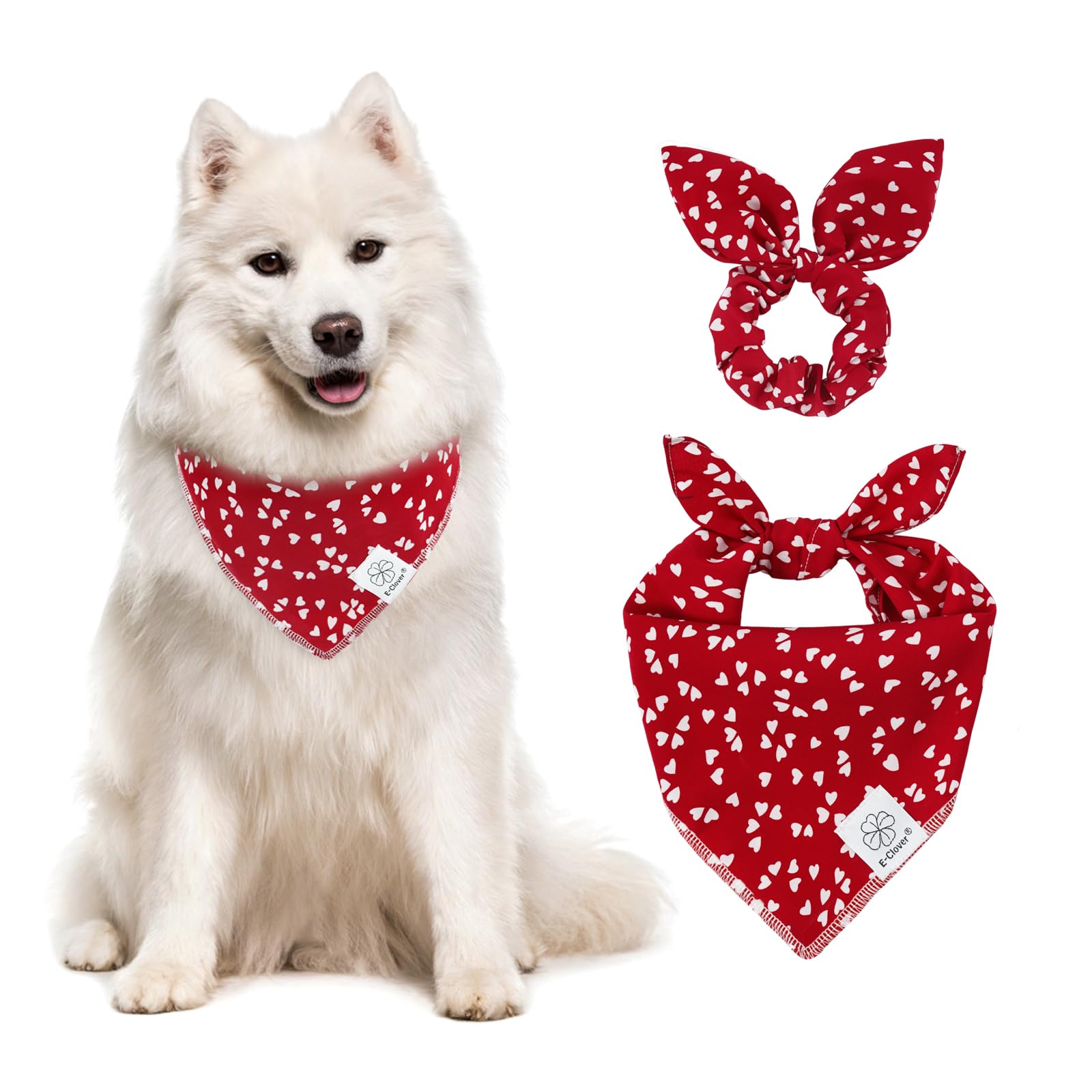 E-Clover Mothers Day dog bandana with heart print in red, ideal for festive photos