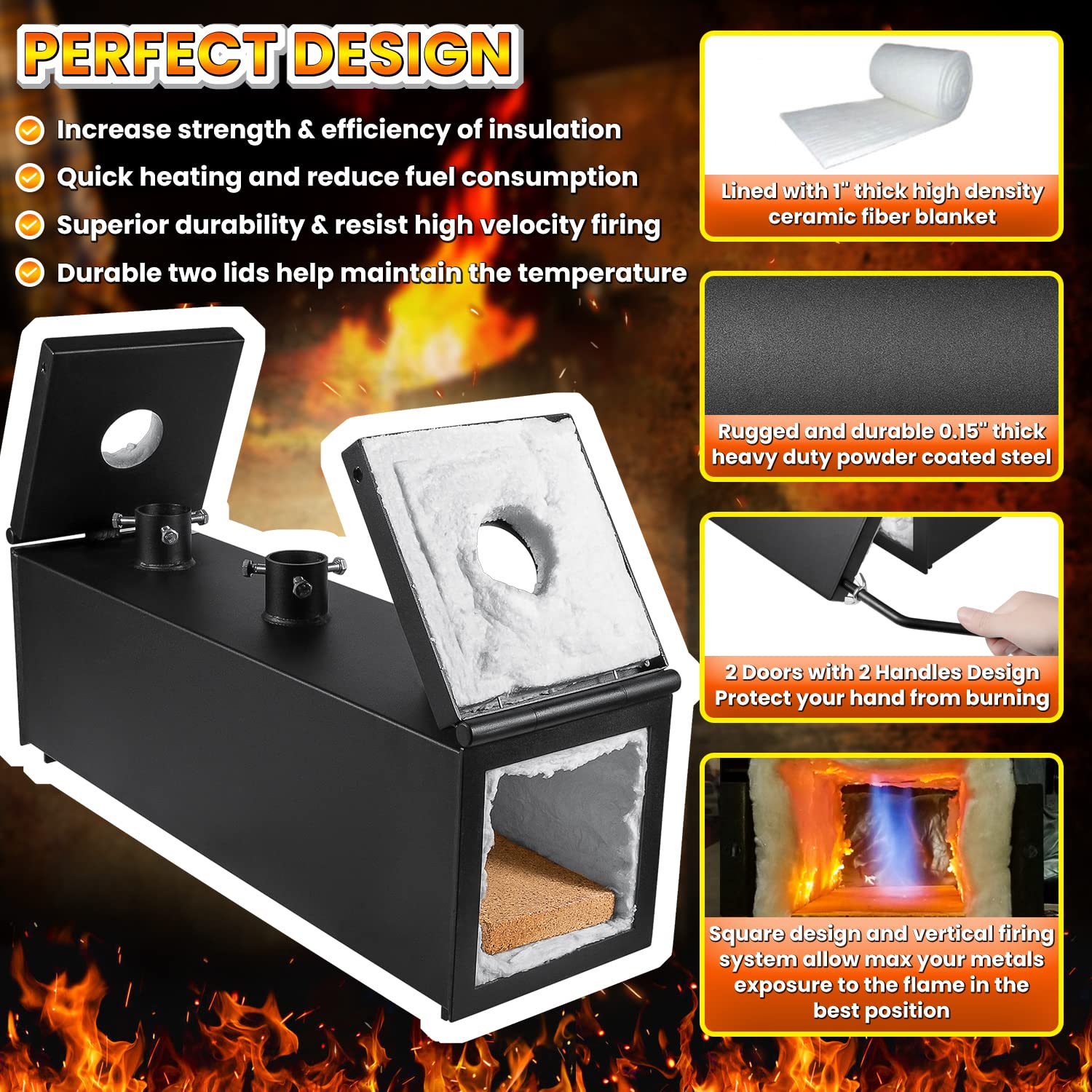 E-cowlboy forge top view highlights three burners and control valves for precise temperatures.