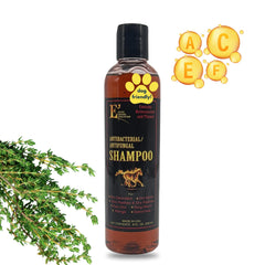 E3 antifungal shampoo bottle pouring rich lather for itchy coats