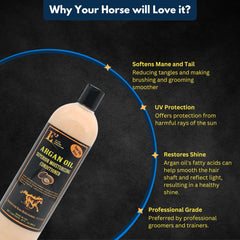 E3 Argan Oil Conditioner horse tail closeup highlights reduced tangles and healthier look.