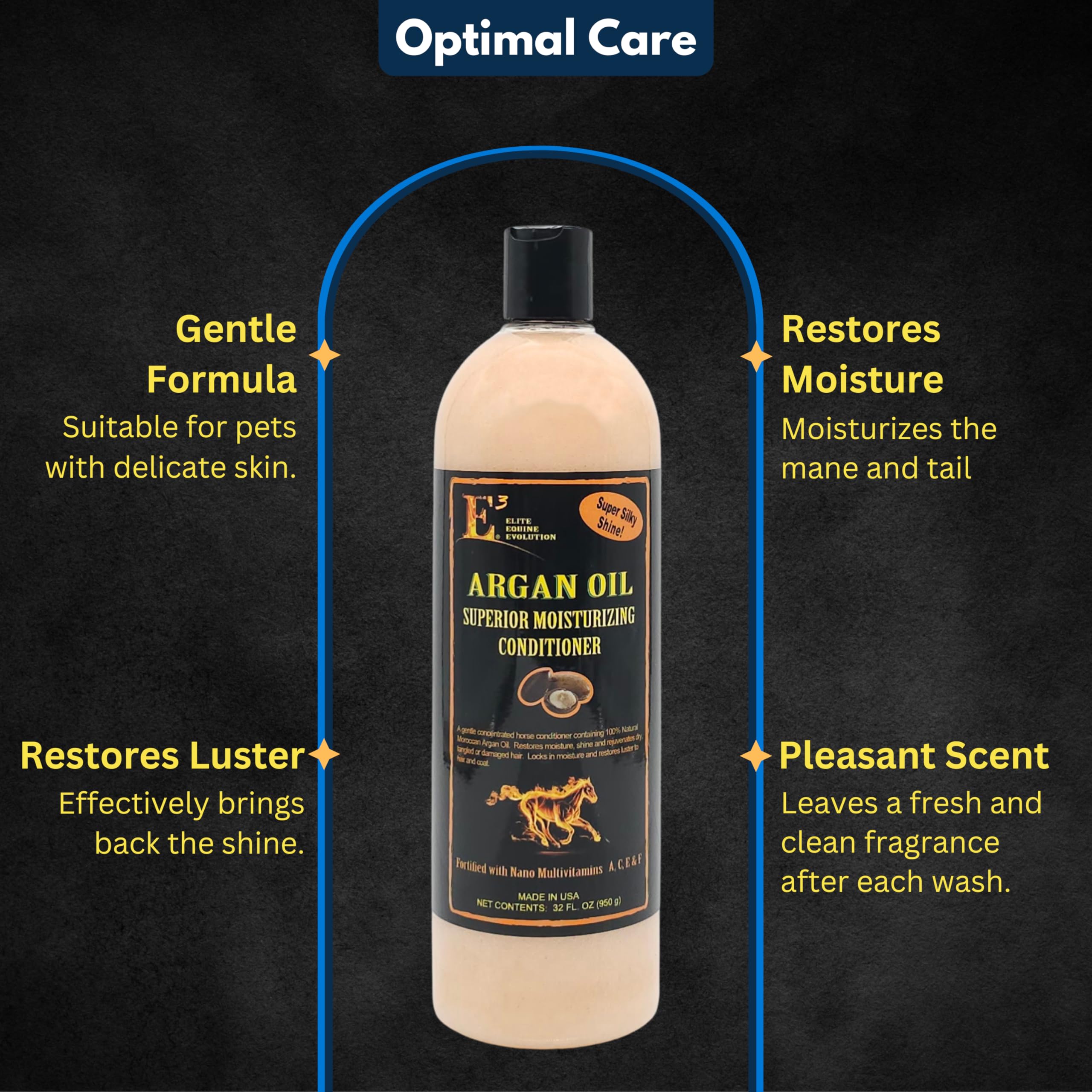E3 Argan Oil Conditioner packaging closeup conveys premium nourishment and safety for sensitive skin.