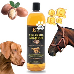 E3 Argan Oil Shampoo bottle for pets delivering deep hydration and shine.