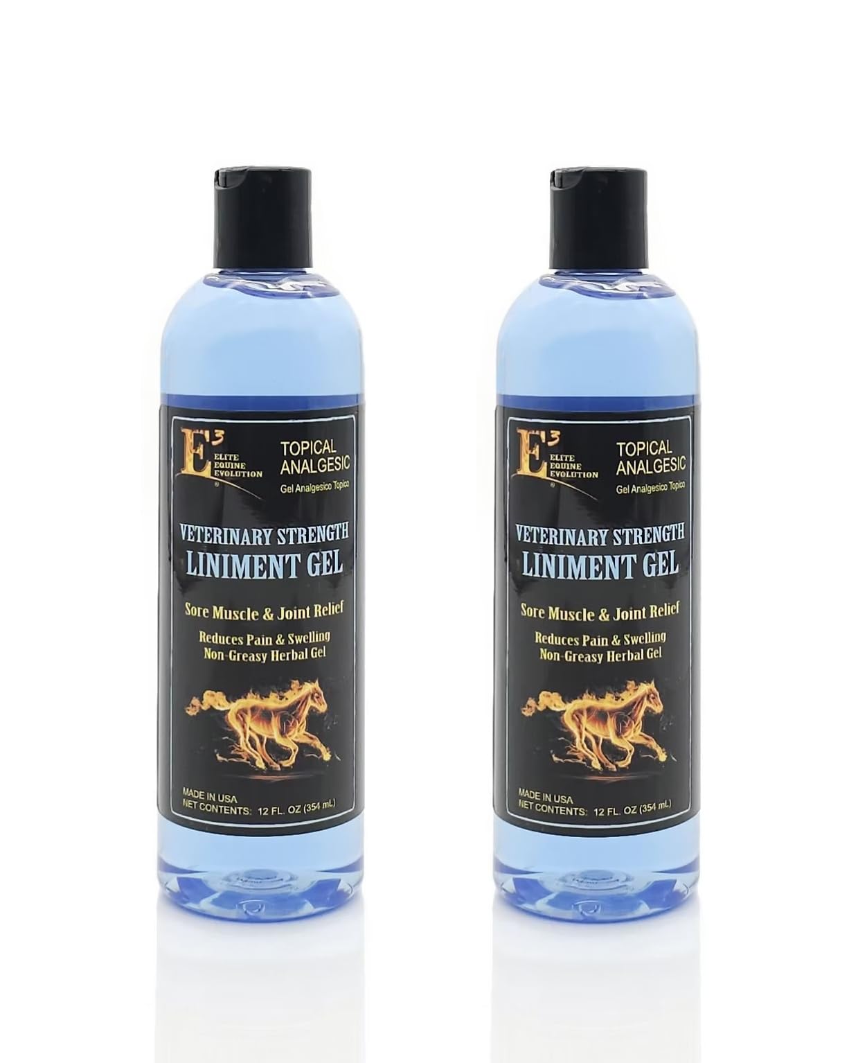 E3 liniment gel bottle-pour demonstrates fast relief for sore muscles and joints