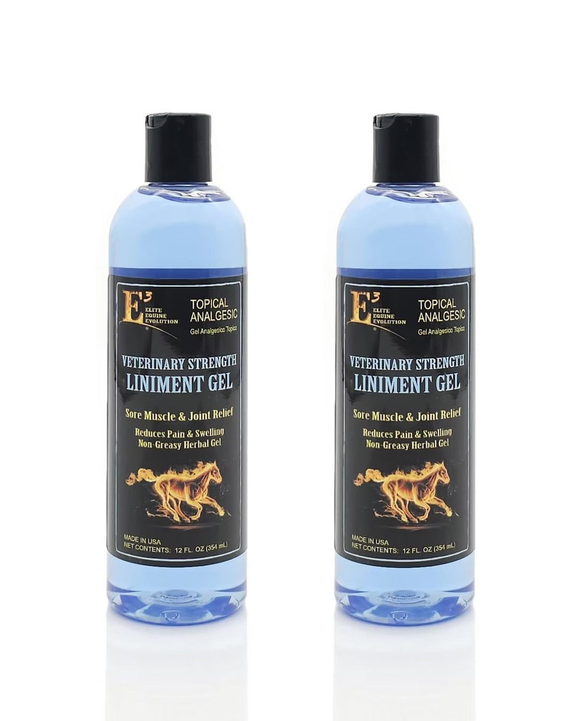 E3 liniment gel bottle-pour demonstrates fast relief for sore muscles and joints