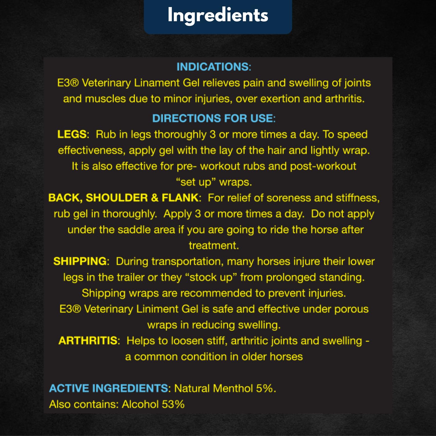 E3 Vet Strength Liniment Gel safety for animals and people.