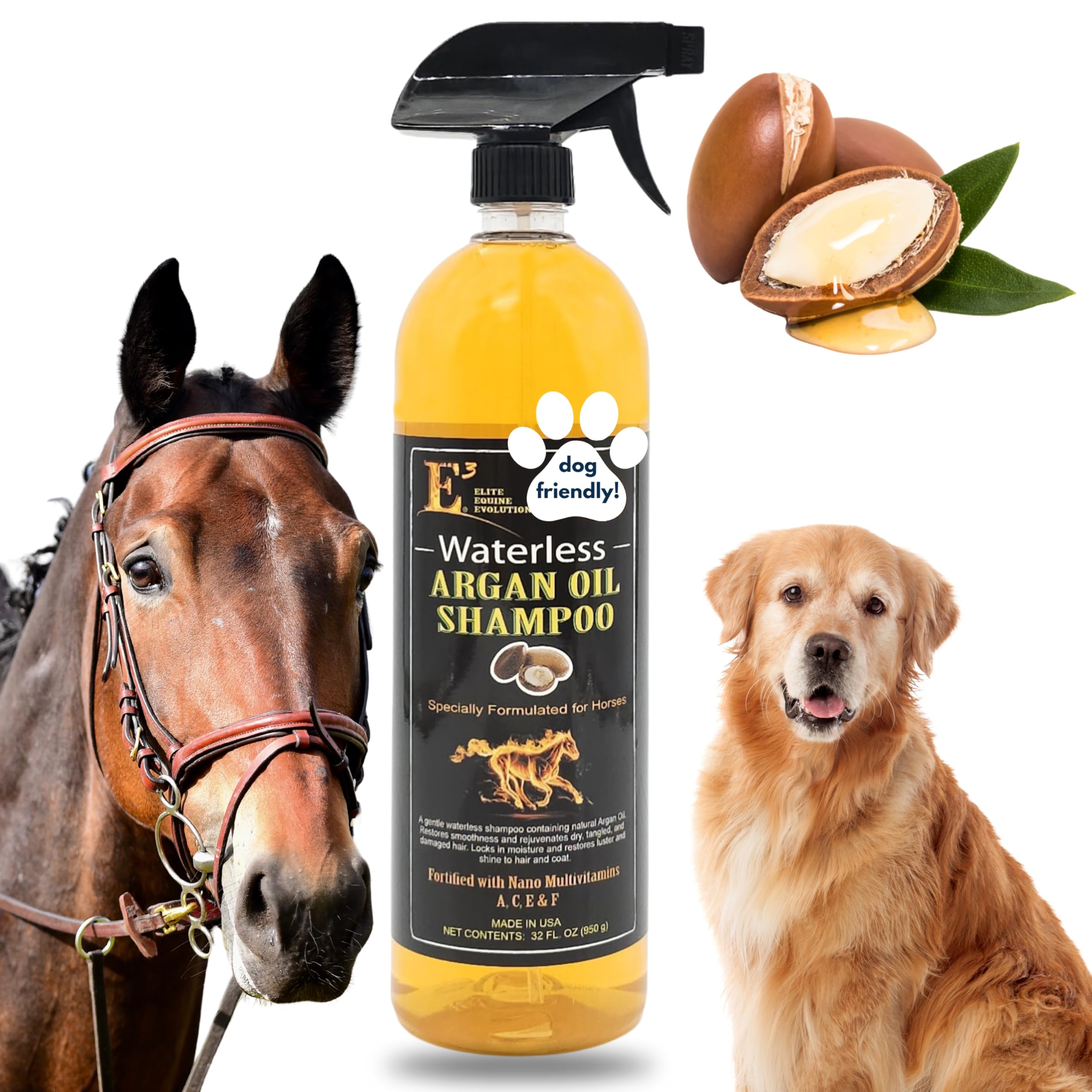 E3 Waterless Argan Oil Shampoo bottle pour for quick, mess-free barn grooming