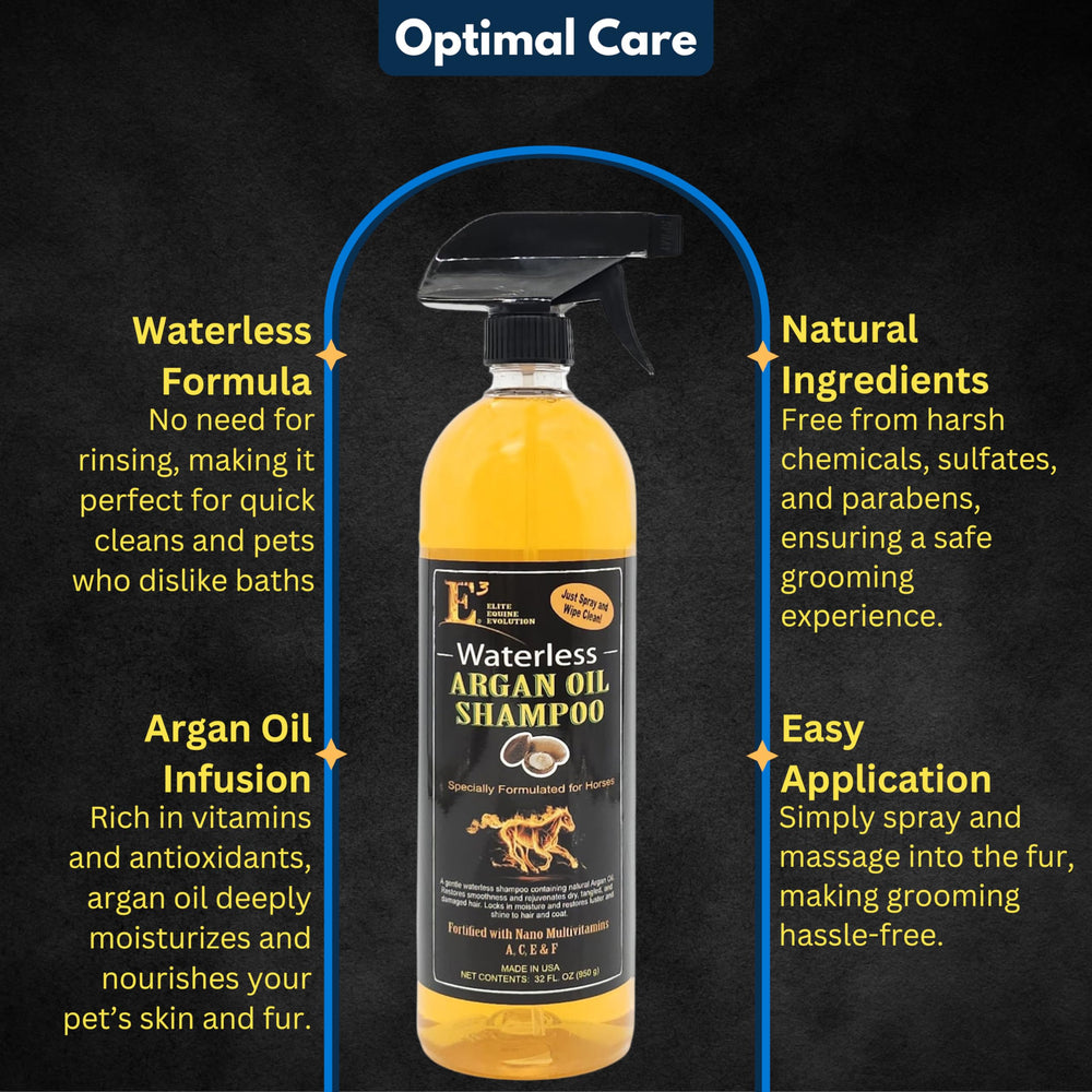E3 Waterless Argan Oil Shampoo mane-detail shows smooth detangling and shine