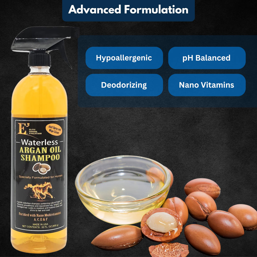E3 Waterless Argan Oil Shampoo tail-application demonstrates effortless brushing and quick maintenance