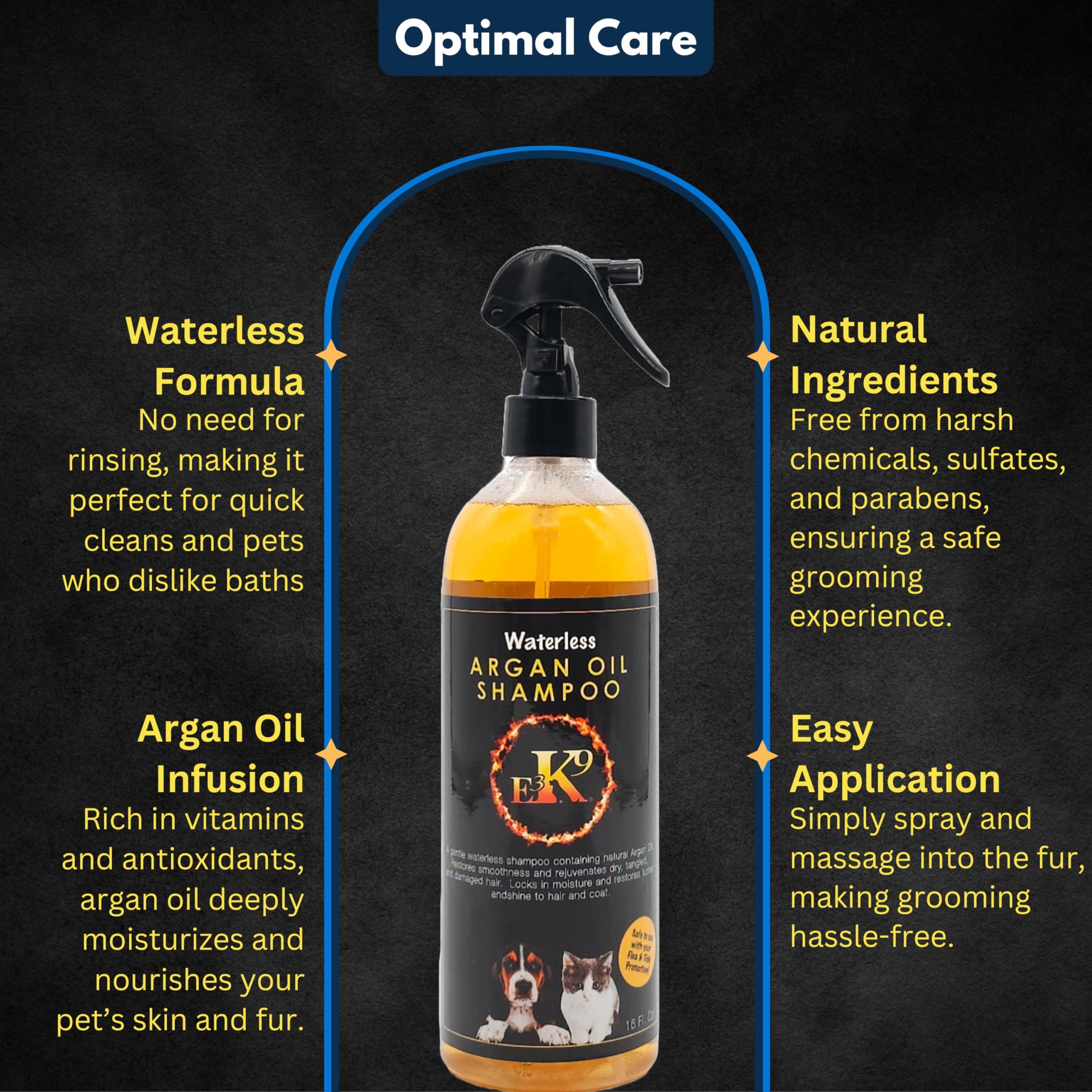 E3 Waterless Shampoo application shows easy, no-rinse cleansing between baths.