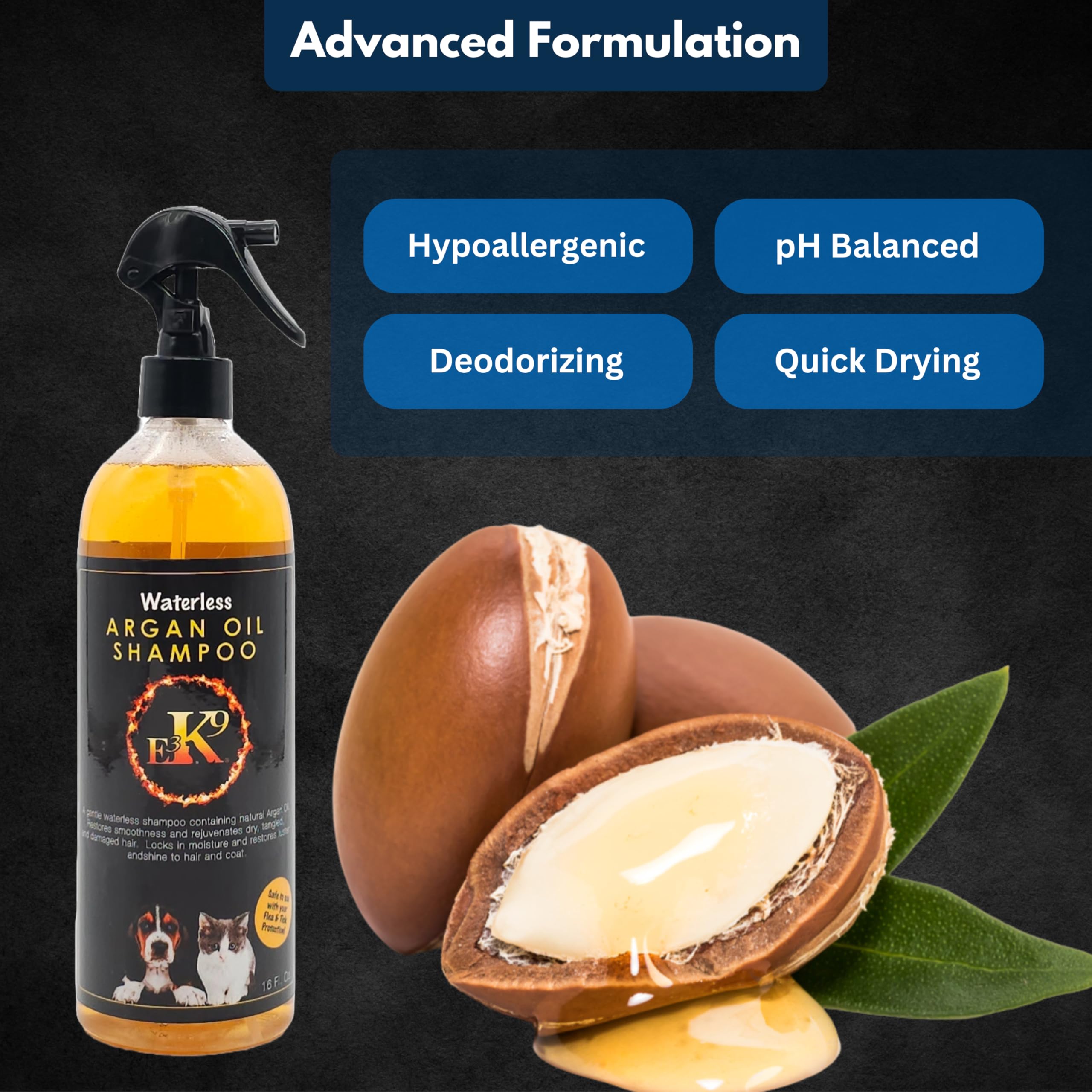 E3 Waterless Shampoo coat-softening image highlights argan oil for silky fur.