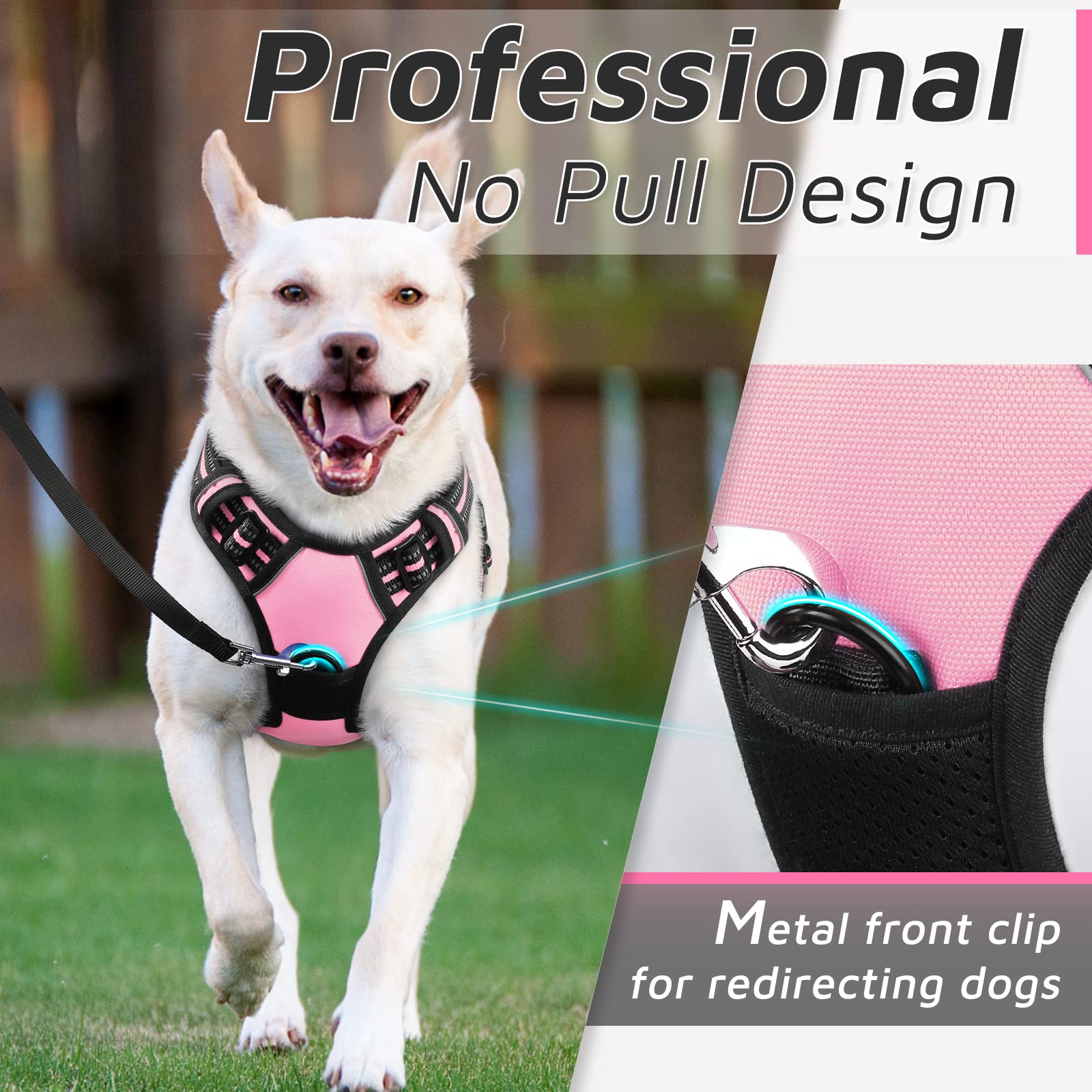 Eagloo pink harness back view with reflective strips for night safety