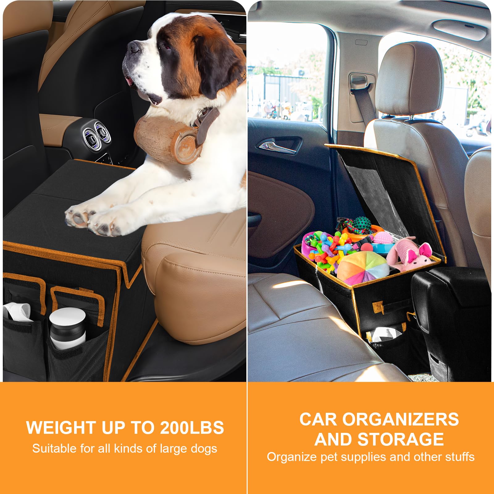 EAROND back-seat extender with storage pockets keeps dog toys and supplies organized.