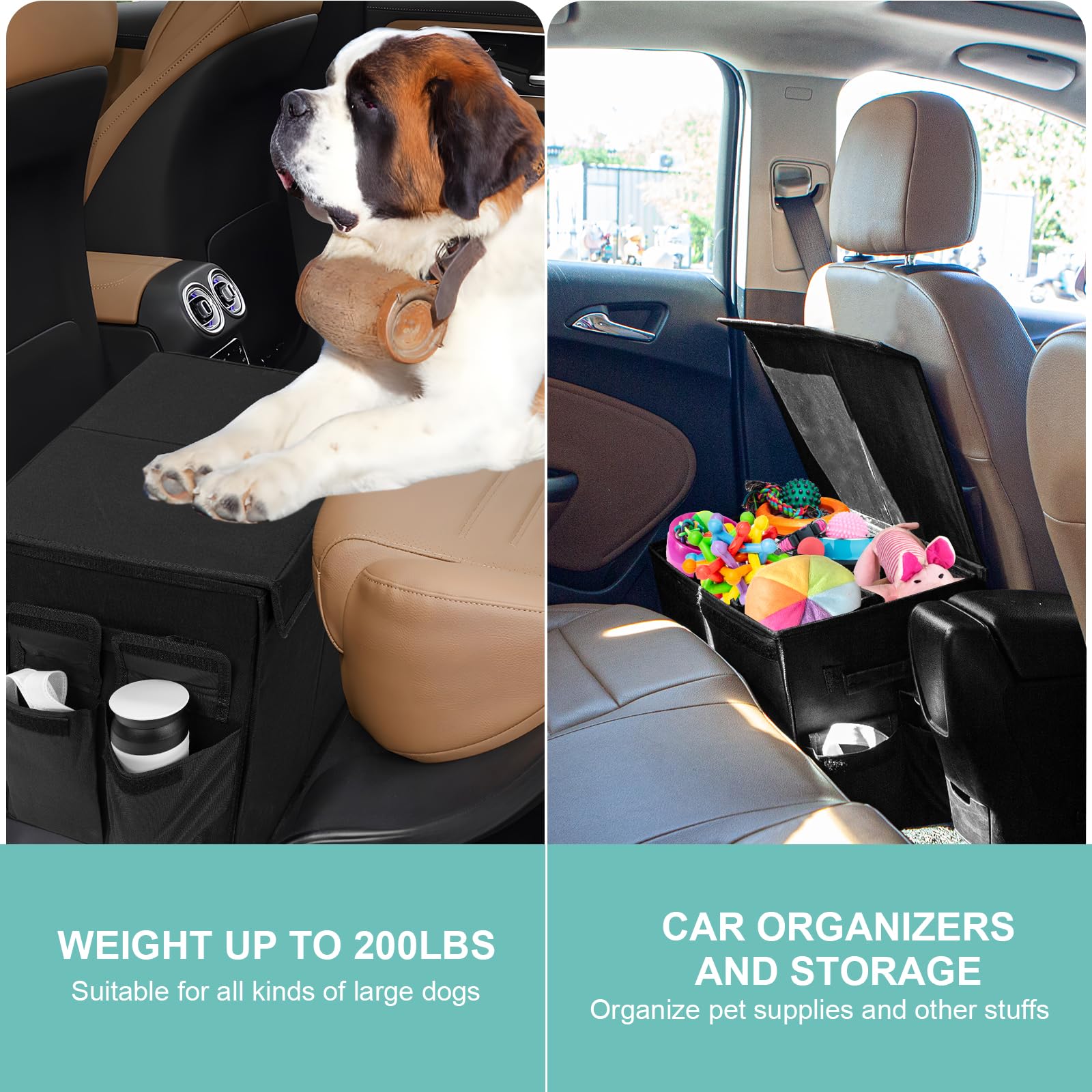 Earond seat extender side view showing storage pockets for dog gear
