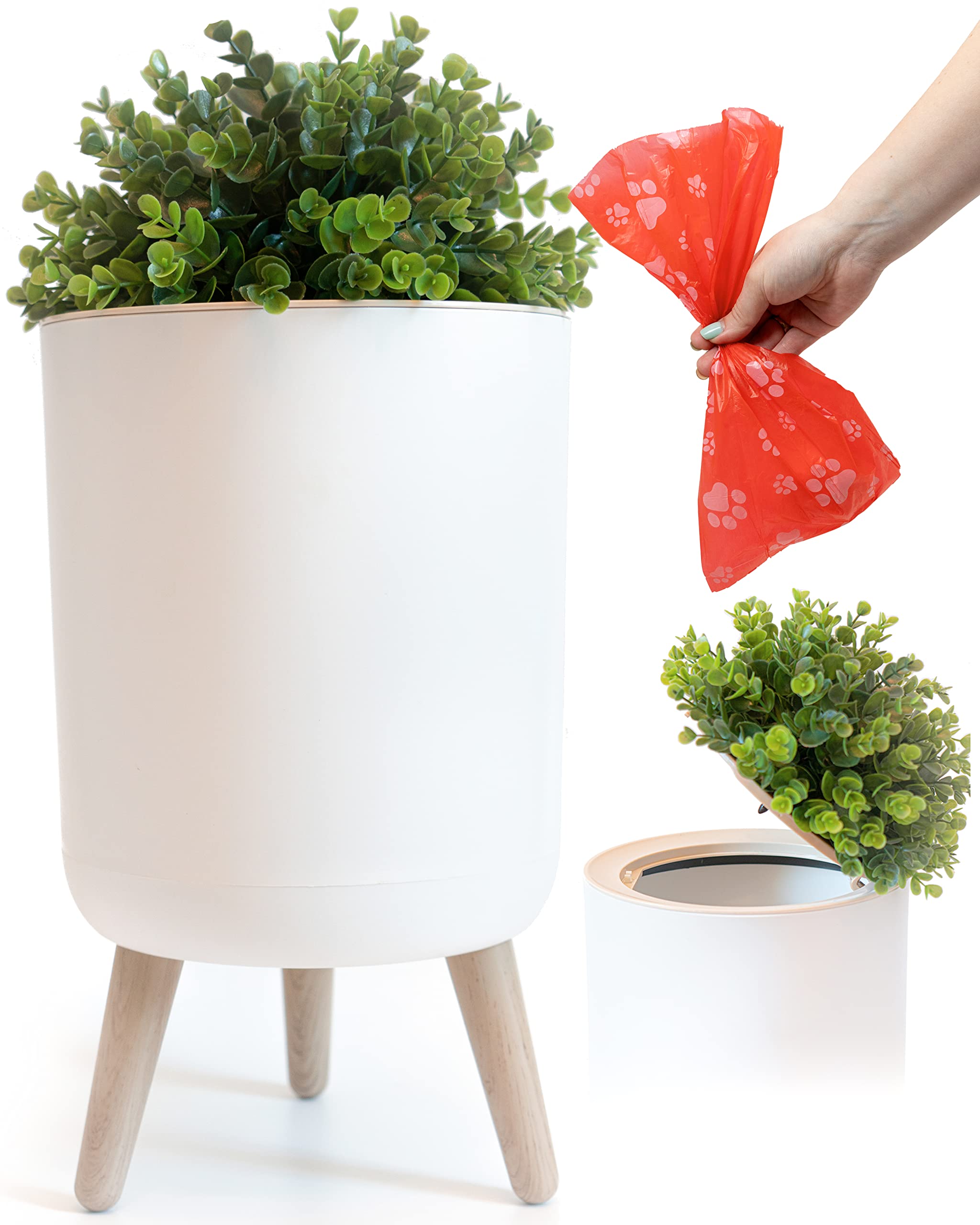 Earth & Mango small outdoor trash can with lid, plant-inspired exterior for discreet waste disposal.
