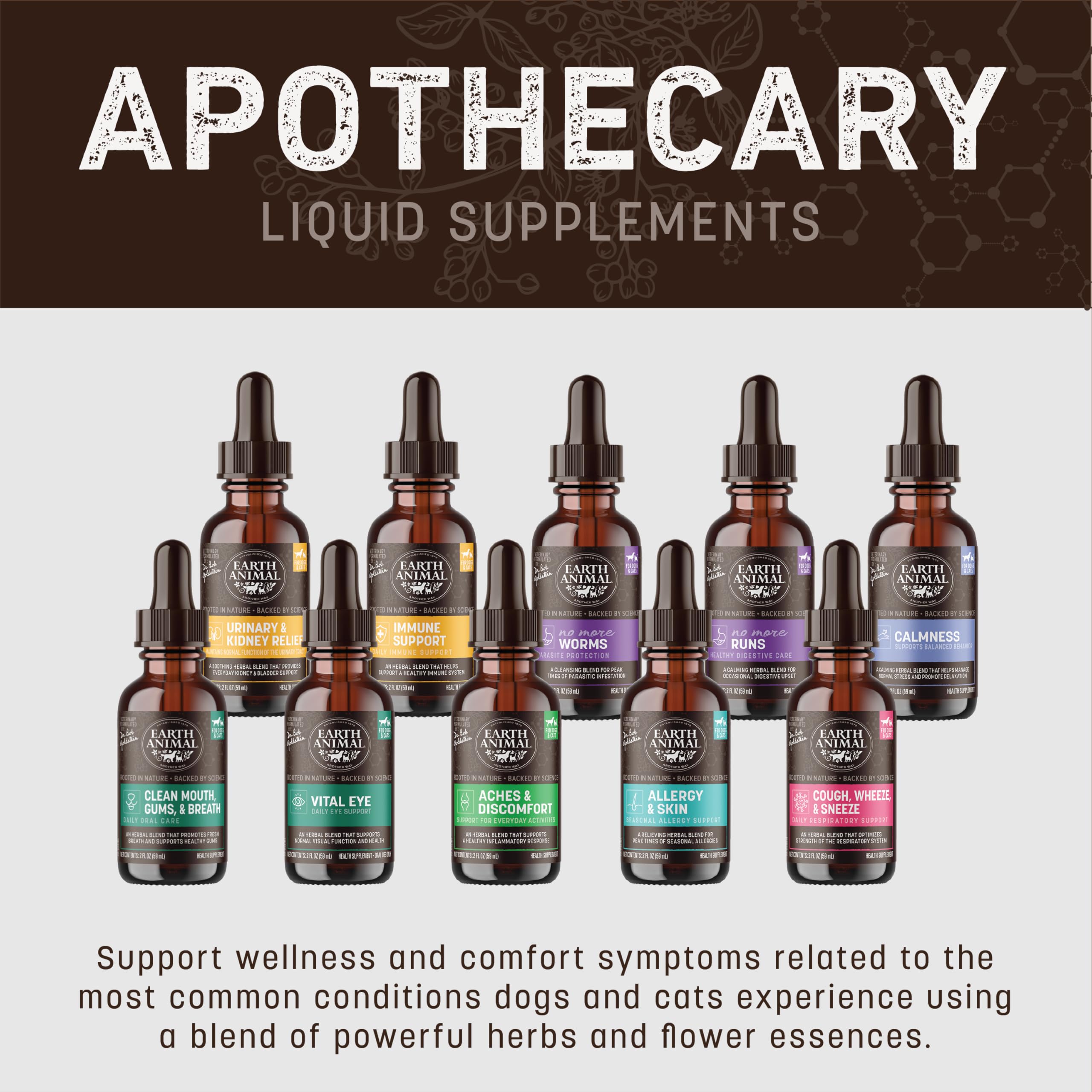 Earth Animal's pet supplements range featuring herbal remedies.