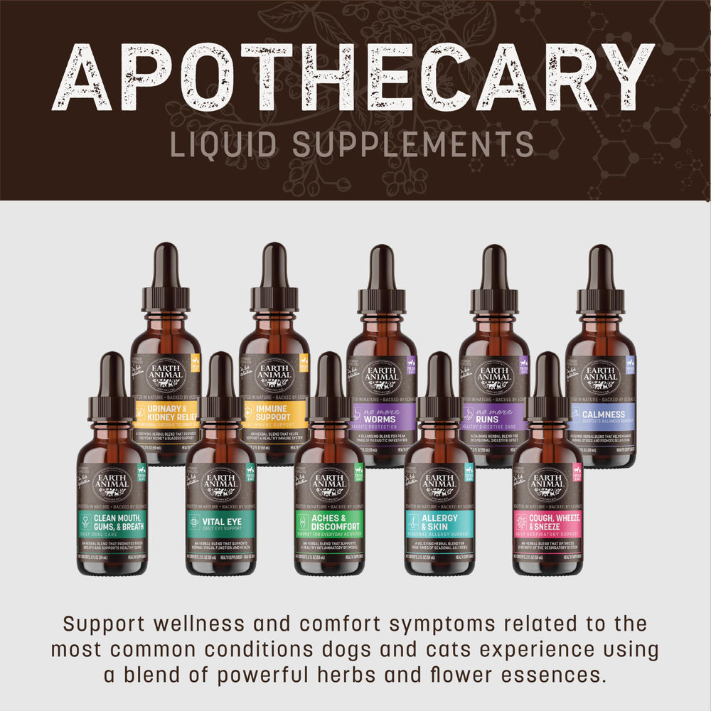 Earth Animal's pet supplements range featuring herbal remedies.