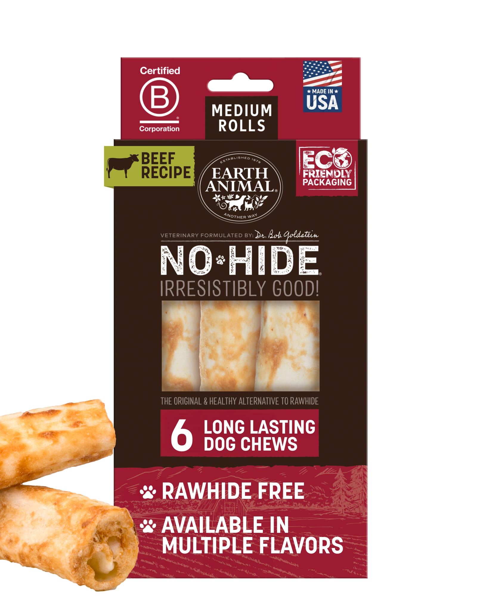 Earth Animal No Hide Chews beef rolls packaging highlights medium-dog suitability for chews