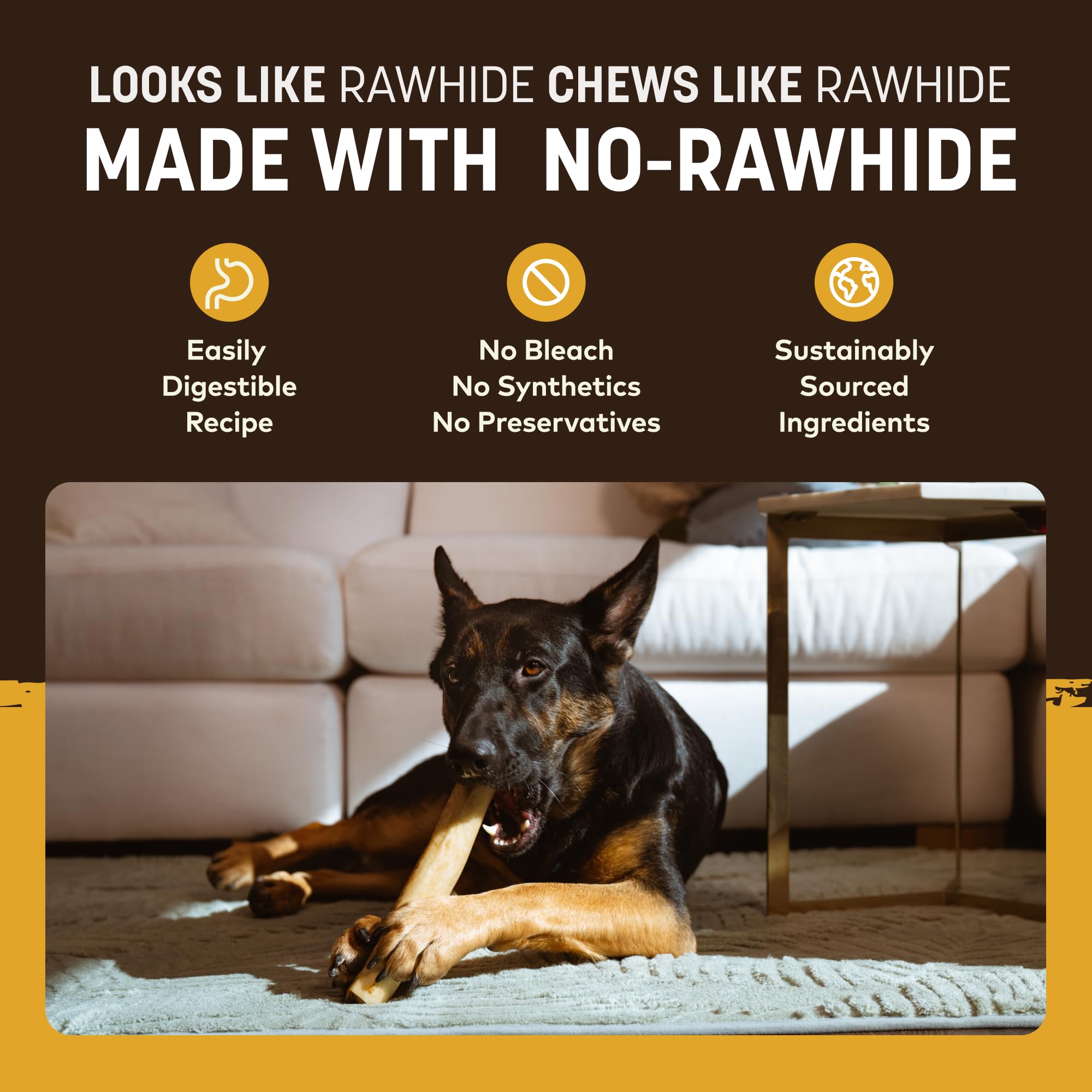 Earth Animal No Hide Chews package close-up shows no-hide formula that may be gentler on stomachs.
