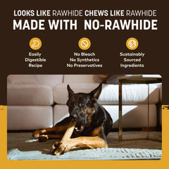 Earth Animal No Hide Chews package close-up shows no-hide formula that may be gentler on stomachs.