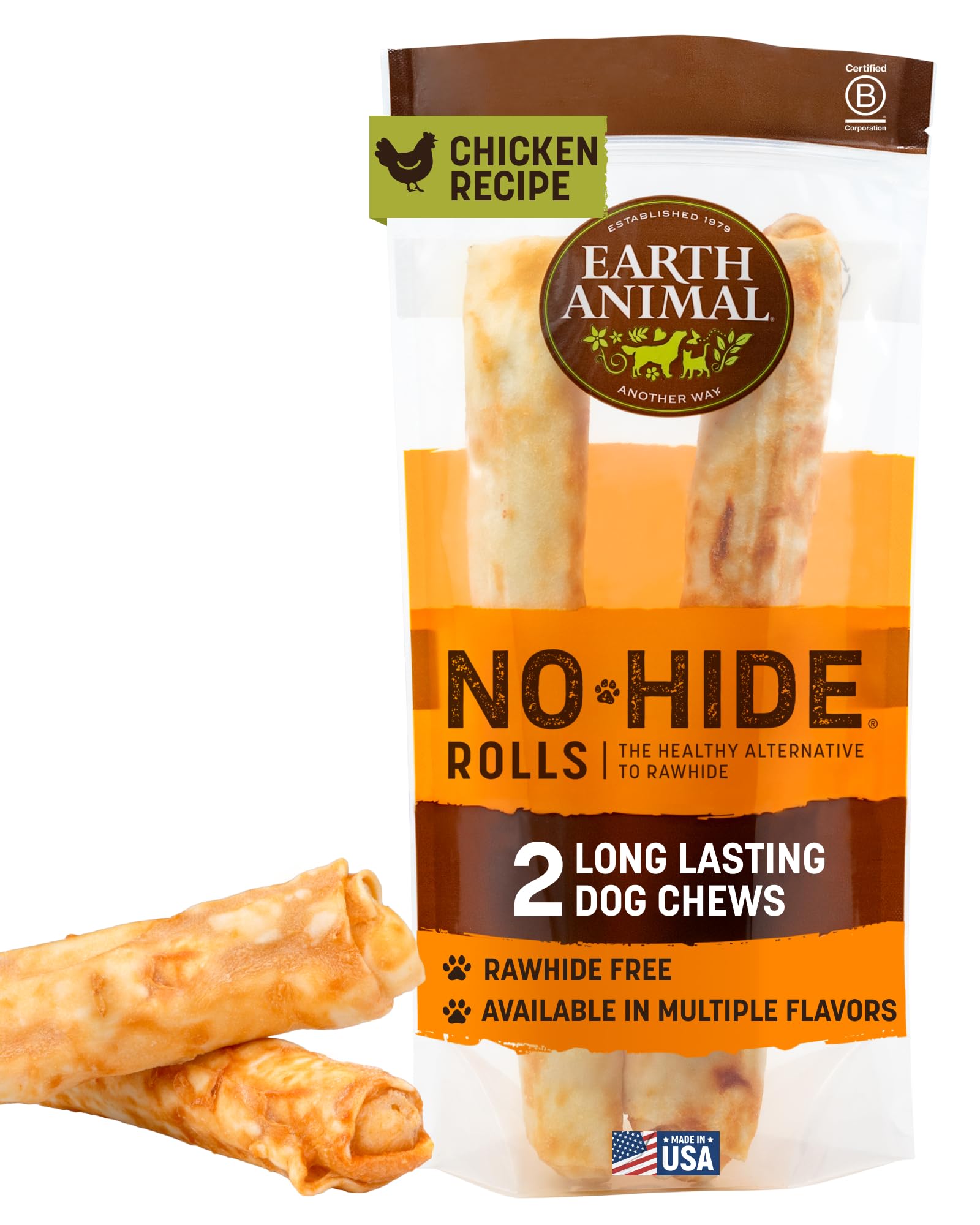 Earth Animal No Hide Chews packaging front shows the product; long-lasting chew for large dogs.