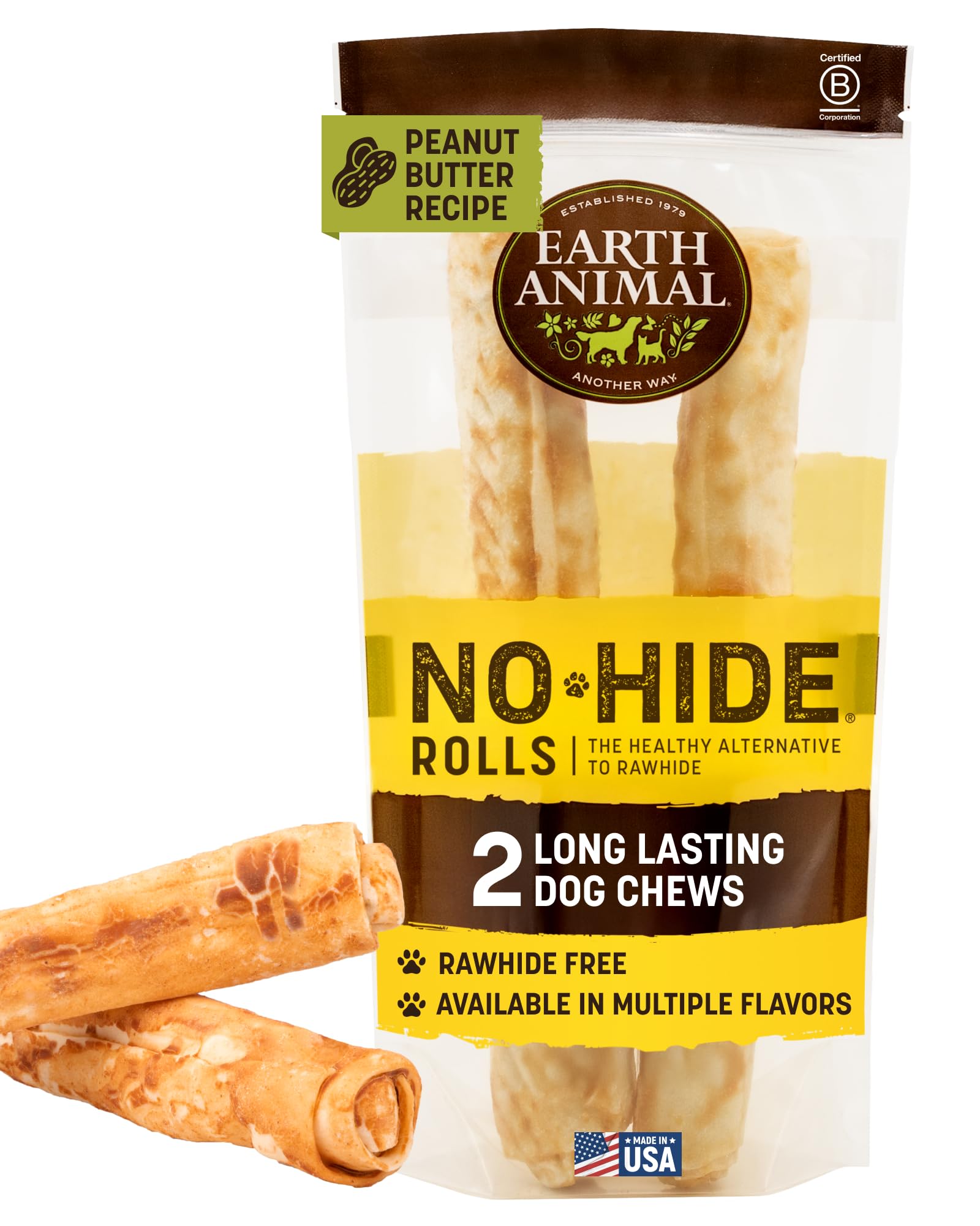 Earth Animal No Hide Chews peanut butter rolls for large dogs offer long-lasting chew satisfaction.
