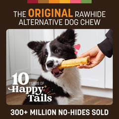 Earth Animal No Hide Chews Rolls closeup ingredients emphasizes seven pure ingredients and chicken flavor.