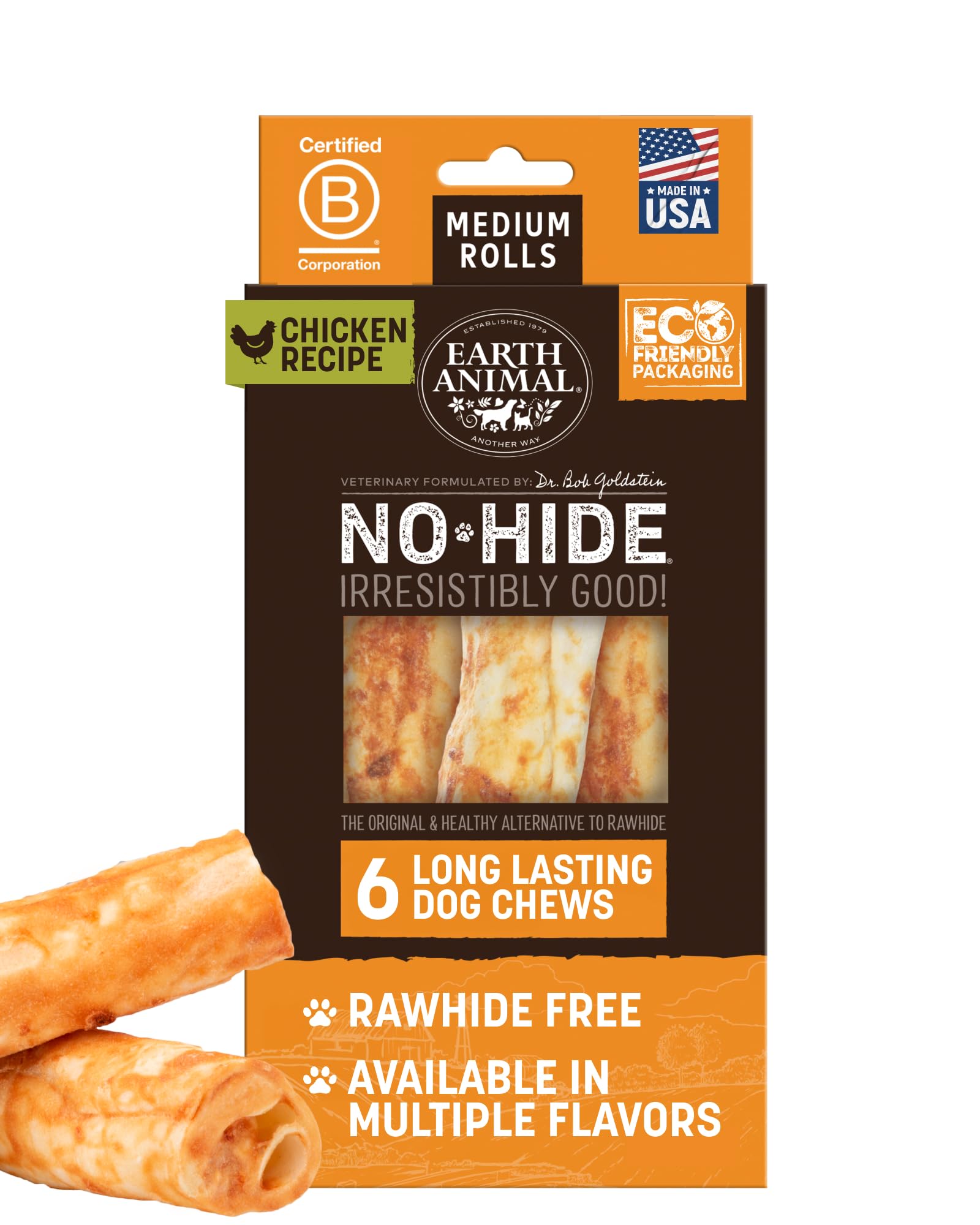 Earth Animal No Hide Chews Rolls front-pack view shows long-lasting chicken chews for medium dogs.