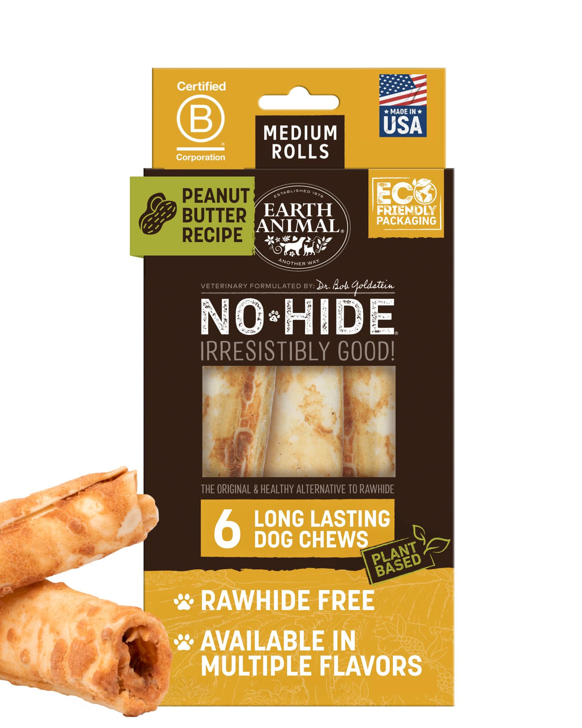 Earth Animal No Hide peanut butter rolls for medium dogs long-lasting chew for boredom relief