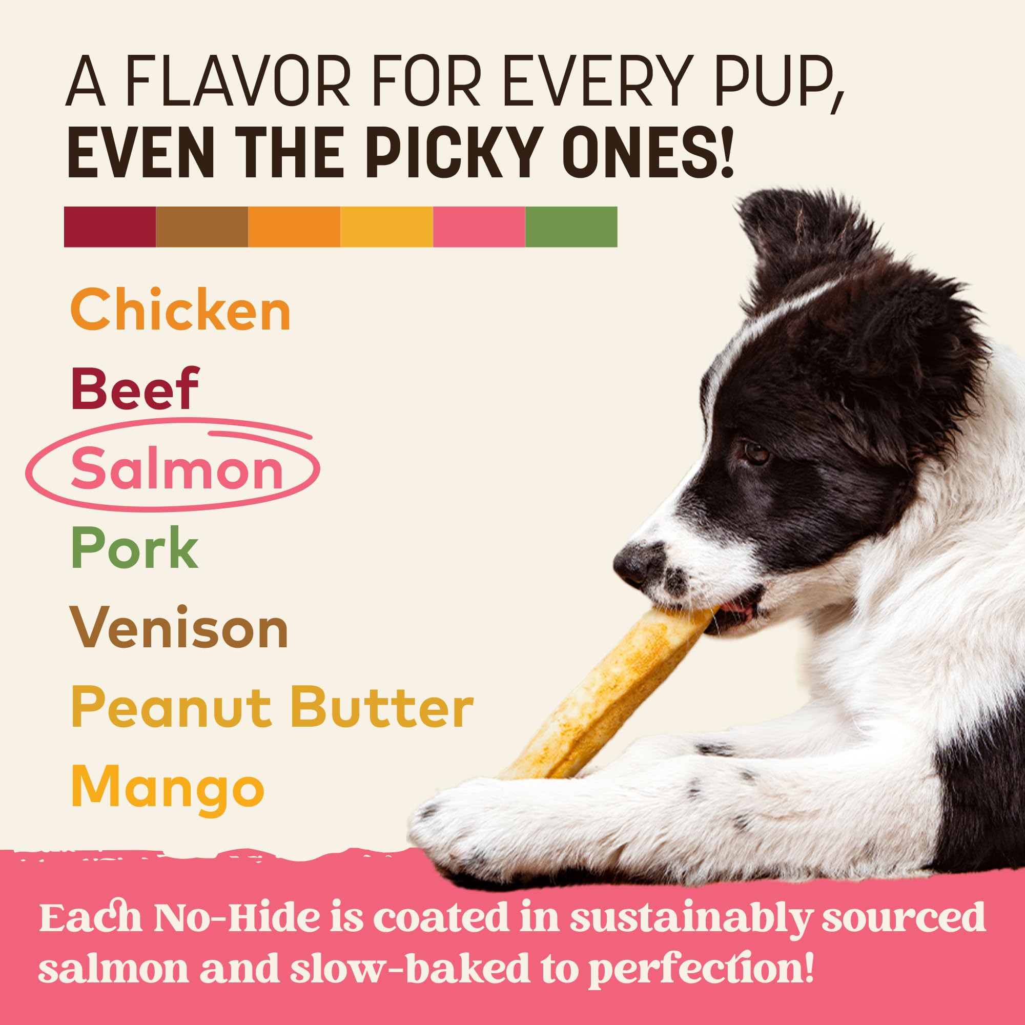 Earth Animal No Hide Chews salmon roll seven-ingredient formula gentle on dogs.