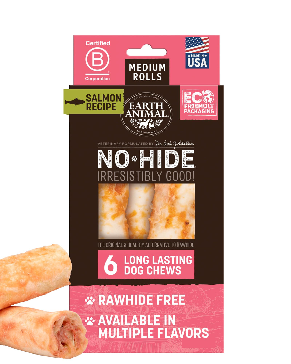 Earth Animal No Hide Chews salmon roll pack with six pieces for long-lasting chewing.