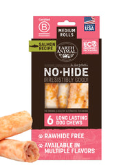 Earth Animal No Hide Chews salmon roll pack with six pieces for long-lasting chewing.