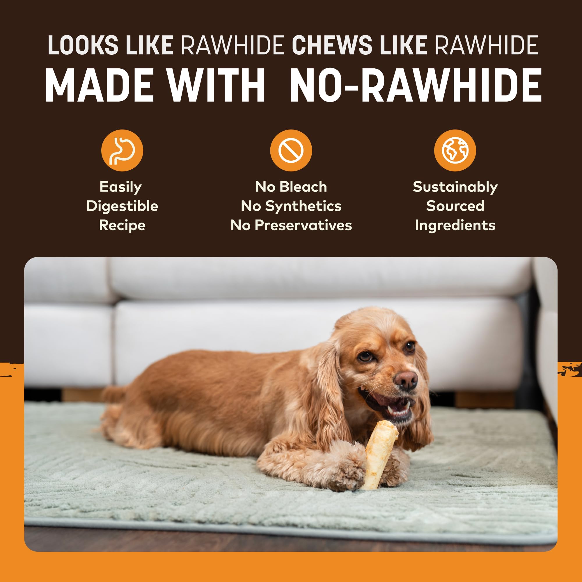 Earth Animal No Hide Chews rawhide-free treats provide a gentler chew.