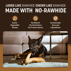 Earth Animal No Hide Chews venison rolls being chewed demonstrates long-lasting chew time.