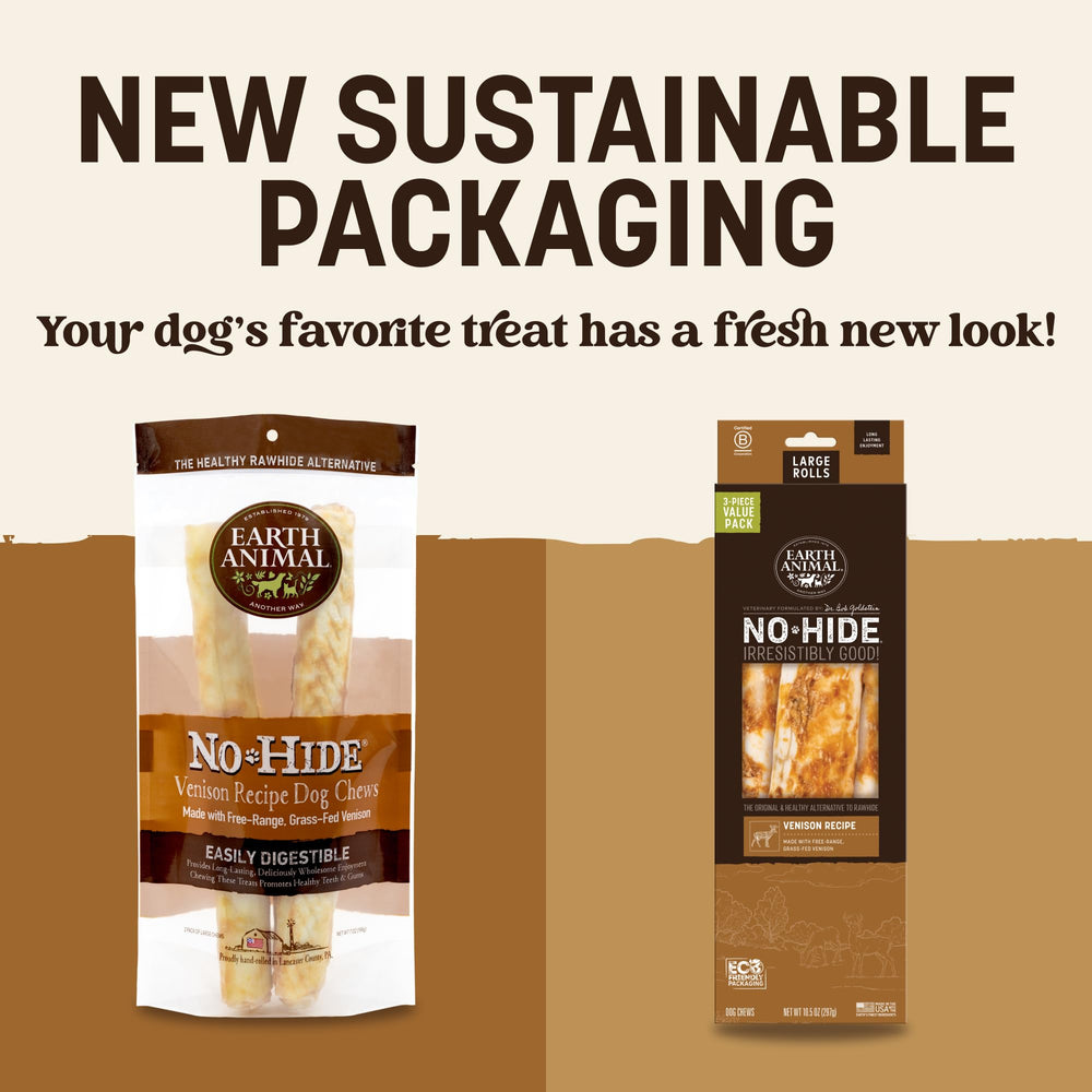 Earth Animal No-Hide venison rolls ingredients close-up highlights simple, natural components and digestibility