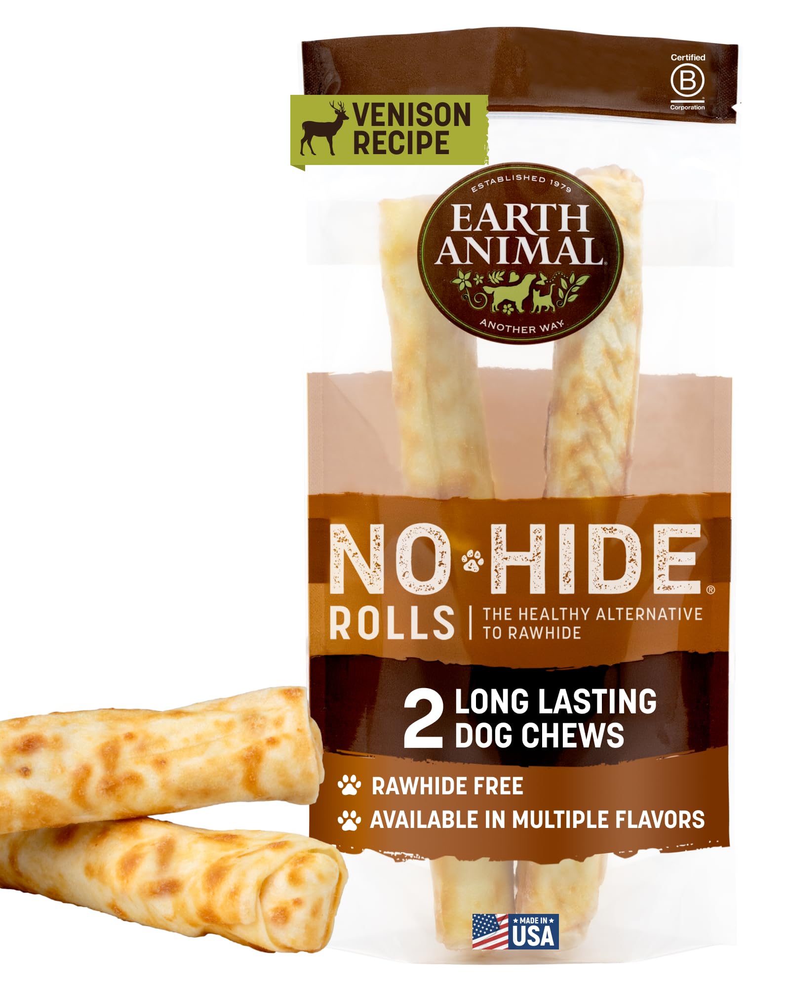 Earth Animal No Hide Chews venison rolls pack shot for long-lasting large-dog chew.