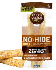 Earth Animal No Hide Chews venison rolls pack shot for long-lasting large-dog chew.