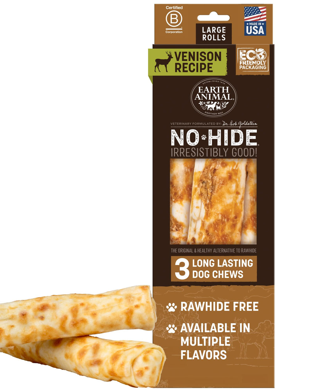 Earth Animal No-Hide venison rolls pack shows a long-lasting chew for large dogs