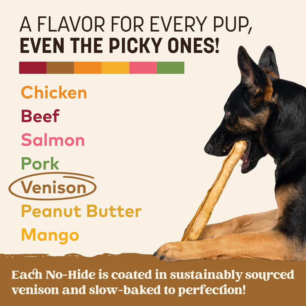 Earth Animal No-Hide venison rolls safety tips card highlights supervision and appropriate sizing