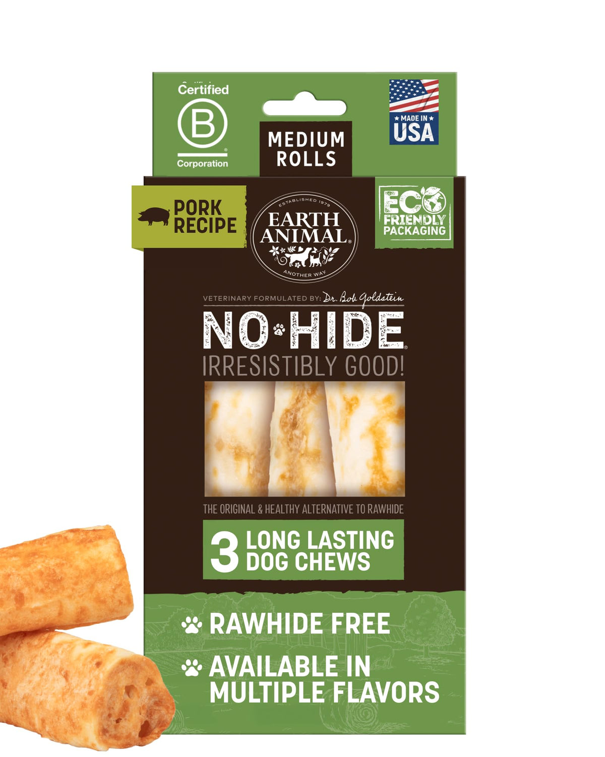 Earth Animal No Hide Rolls 3-count pack shown as long-lasting pork chews
