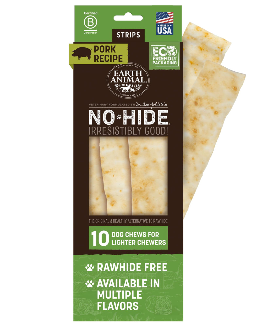 Earth Animal No Hide Strips pack shot highlights a wholesome pork chew for dogs' oral care.