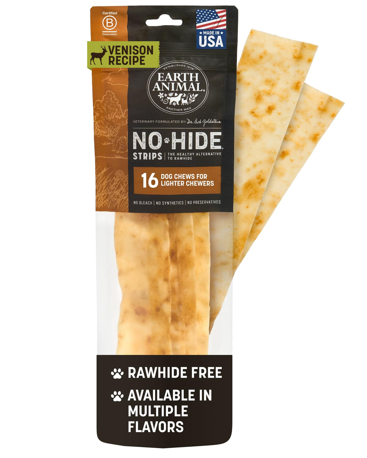Earth Animal No Hide Strips venison packaging demonstrates a wholesome, digestible dog chew