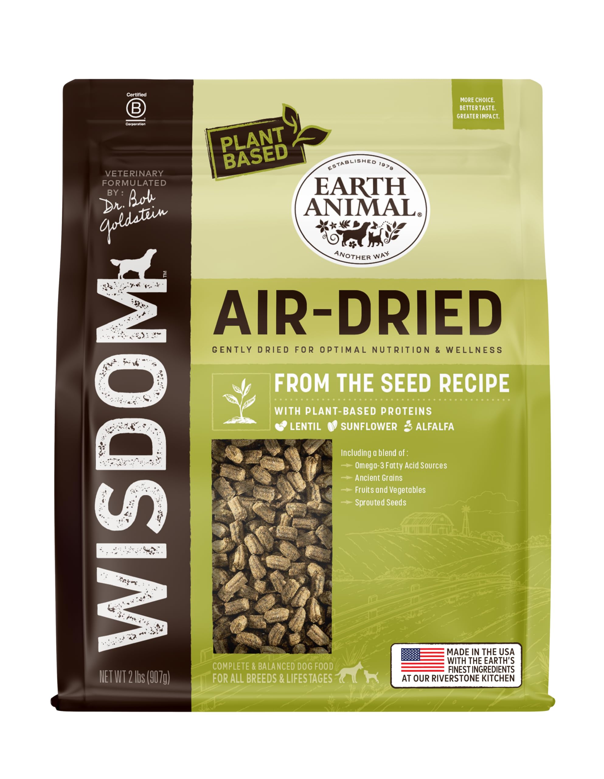 Earth Animal Wisdom air-dried dog food bag 2lb highlighting premium ingredients for everyday nutrition.