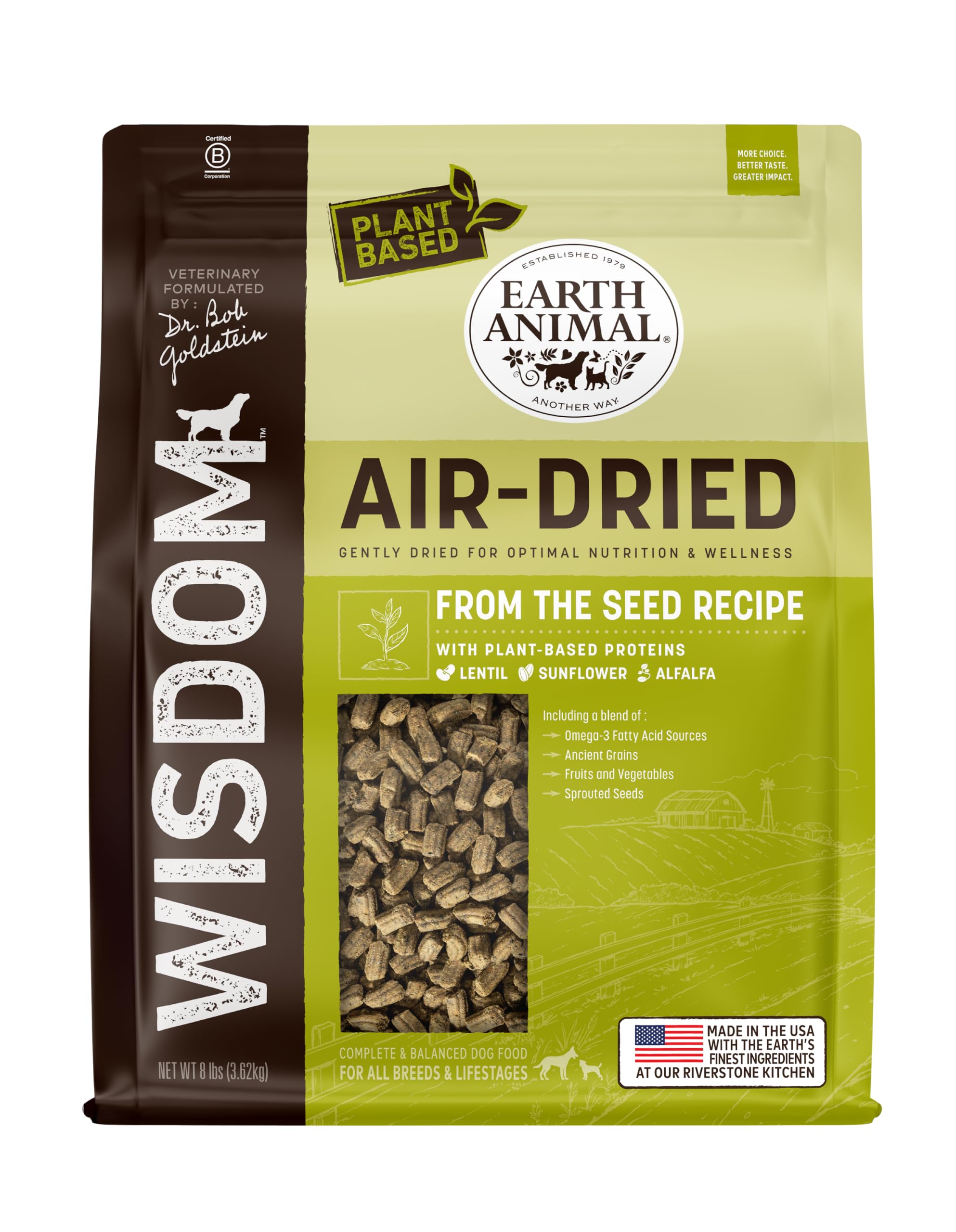 Earth Animal Wisdom air-dried dog food bag with premium nutrition for all breeds