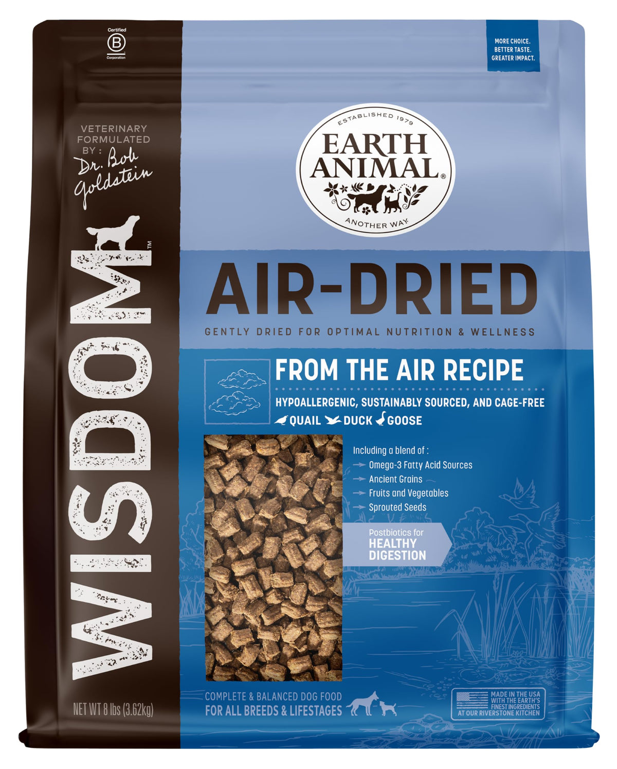 Earth Animal Wisdom Air Dried Dog Food bag front emphasizes premium nutrition for all breeds