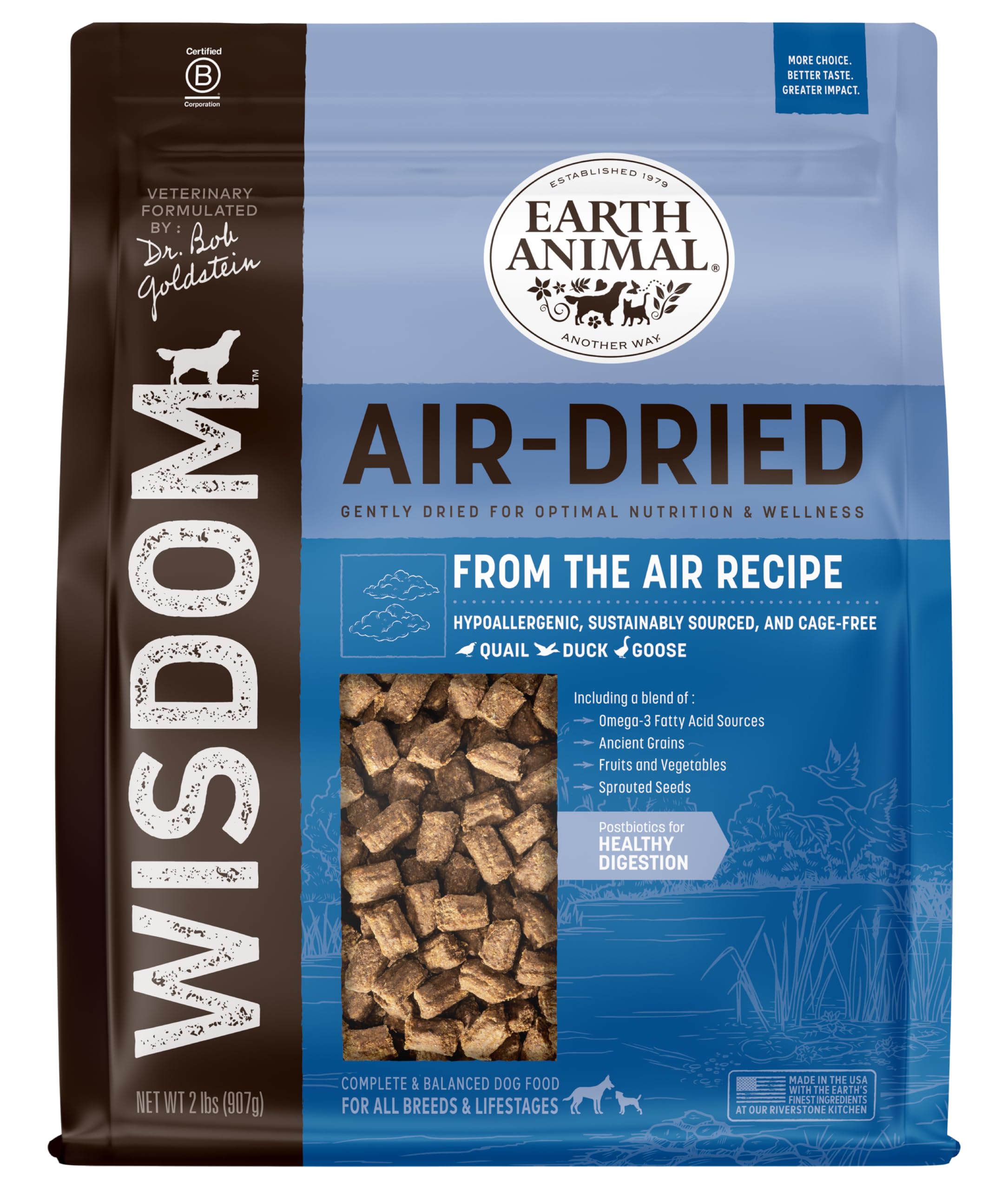 Earth Animal Wisdom Air-Dried Dog Food bag front shows premium natural nutrition.
