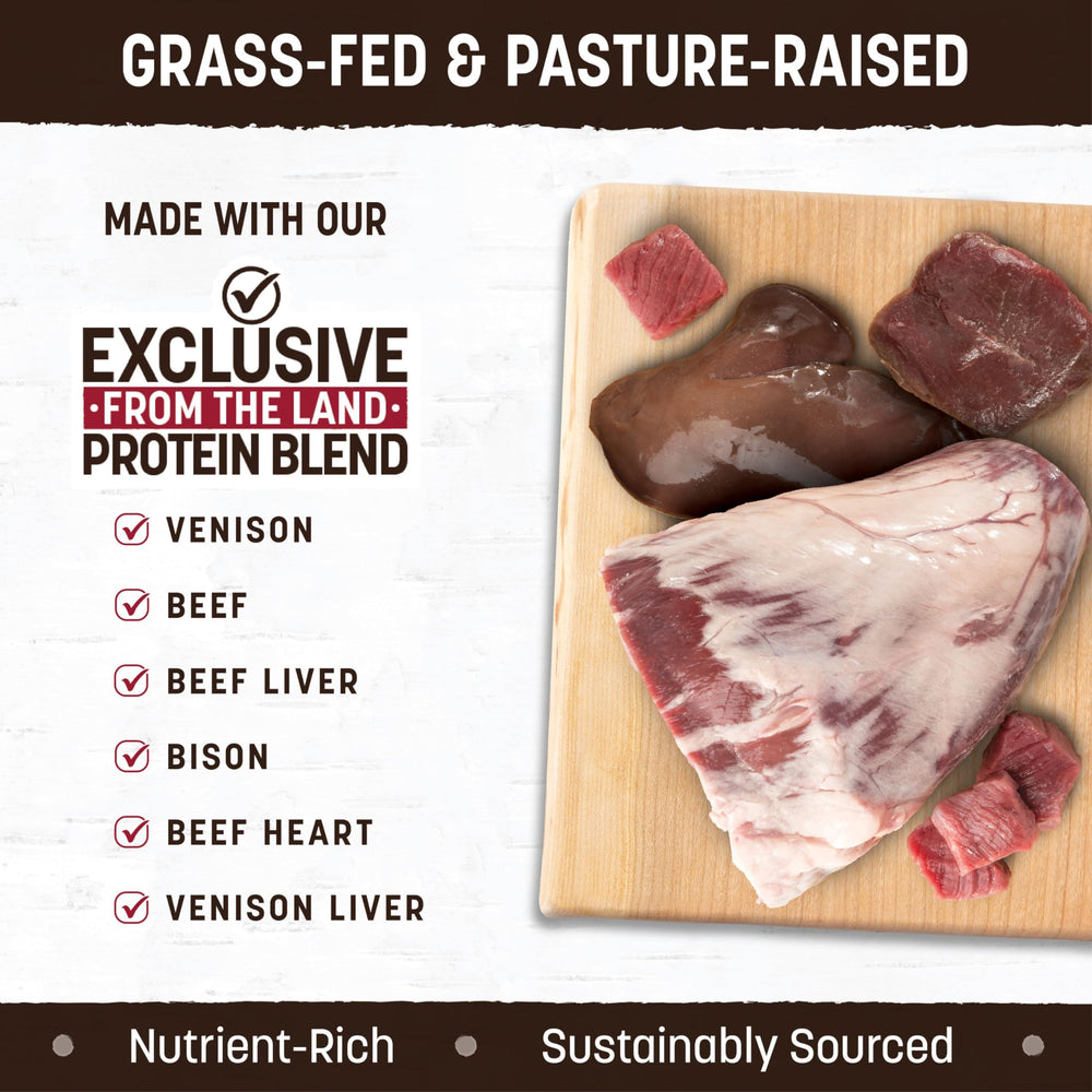 Earth Animal Wisdom air-dried dog food bison meat pieces highlight sustainable protein source.