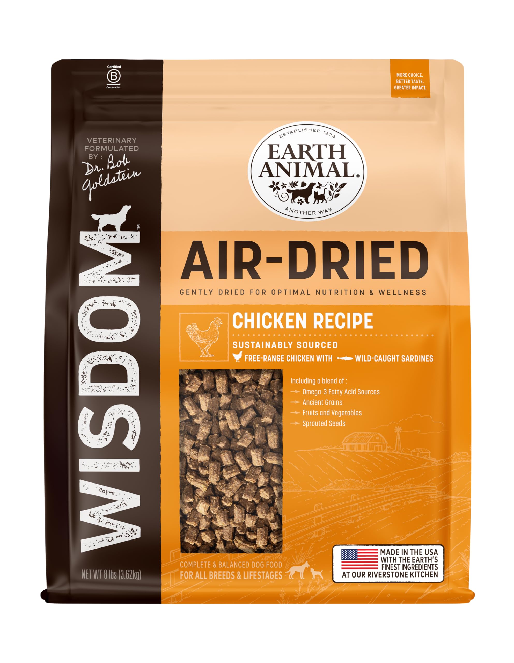 Earth Animal Wisdom air-dried dog food bag 8 lbs premium chicken formula for all breeds