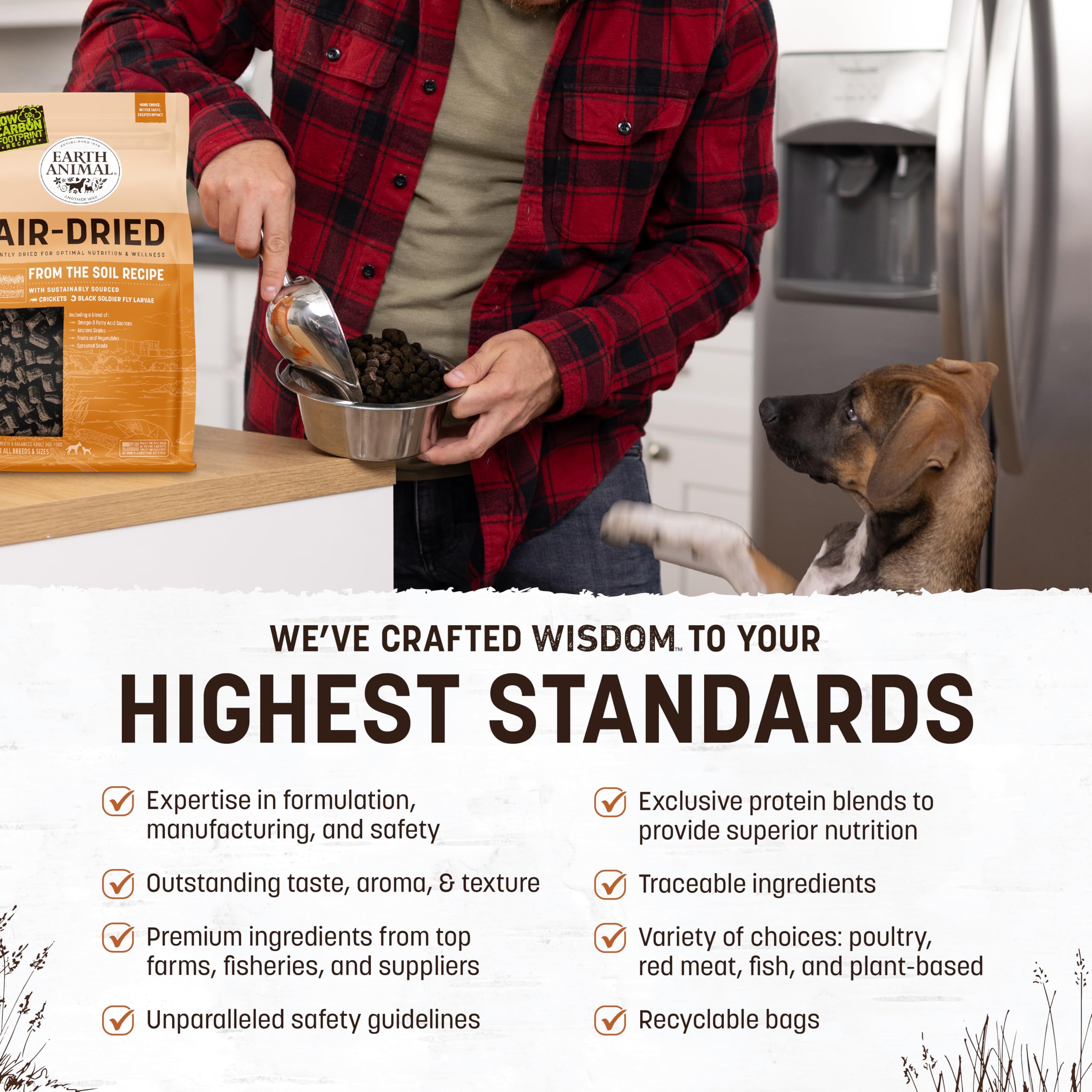 Earth Animal Wisdom Air Dried Dog Food in bowl, savory texture dogs love